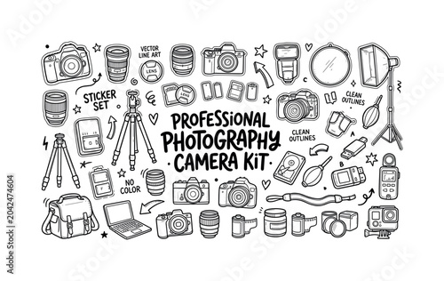 Professional photography camera kit, hand drawn doodle elements set, center hand-lettered title, black and white vector line art,