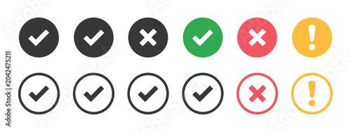 Status icon set with check mark, cross, and exclamation symbols for success, error, warning indicators, and system notifications