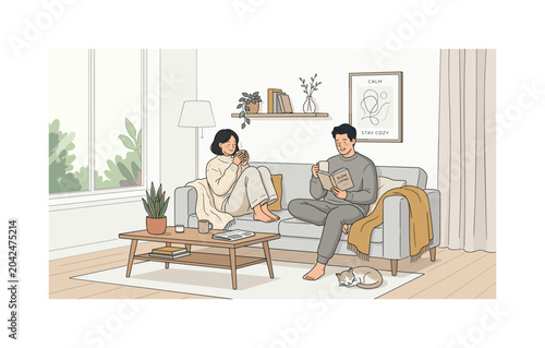 Couple easing into day with slow morning routine at home, casual seating and minimal props emphasizing comfort and calm,