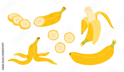 Banana vector clipart set with whole fruit, half peeled banana, sliced chunks, round pieces, and banana peel. Hand drawn trendy flat style illustration pack for tropical food packaging, recipe design
