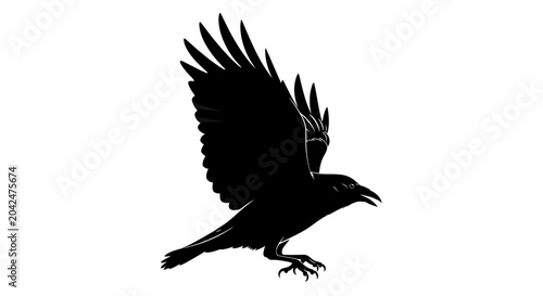 Foto Black crow flying silhouette, isolated white background, animal icon