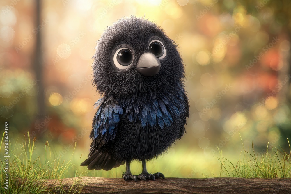 Obraz premium Whimsical cartoon raven figure for children's artwork in a bright park background