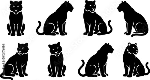 Foto Set of black panther silhouettes in various sitting poses isolated on white back