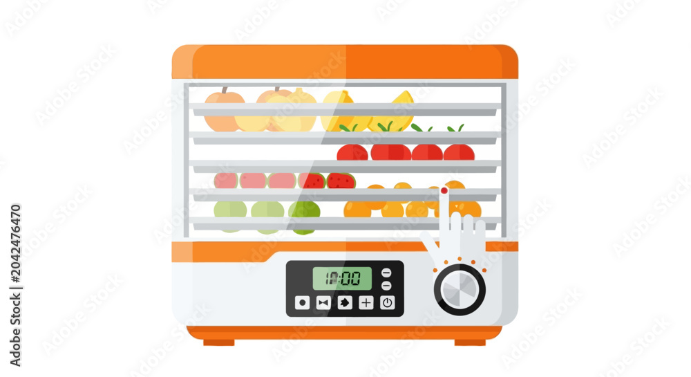 Obraz premium Modern Electric Food Dehydrator with Sliced Fruits on Trays Vector Illustration for Healthy Living, Food Preservation, and Dehydrated Snack Preparation.