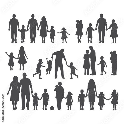 Fotografie Diverse Family Groups Silhouette Set, Parents and Kids Walking, Single Parents,