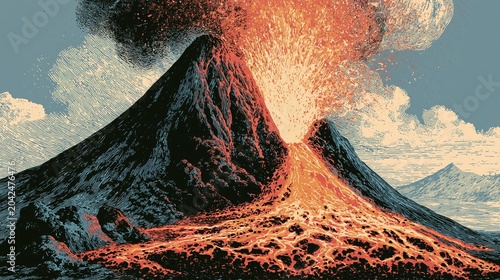 Molten rock flowing erupts from a volcano, shown in a graphic design.