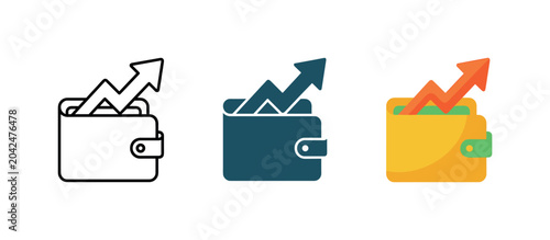 Positive earnings outcome represented by a wallet icon opening upward with a rising arrow emerging from inside, identical geometry