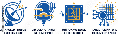 Photos Entangled photon emitter dish cryogenic radar receiver pod microwave noise filter module target signature data matrix node