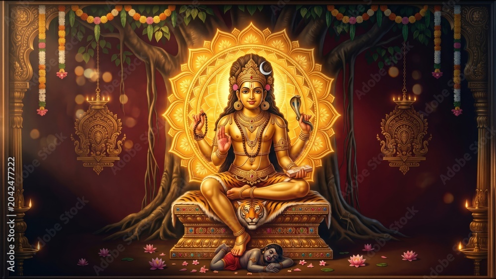 Obraz premium Lord Dakshinamurti Golden Mandala – Sacred Wisdom Background