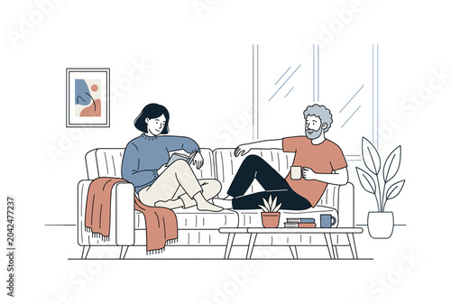 Friends sharing peaceful indoor moment together, friendly proportions and relaxed interaction capturing everyday comfort and