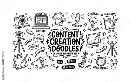 Content creation illustration, hand drawn doodle elements set, center hand-lettered title, black and white vector line art, bold