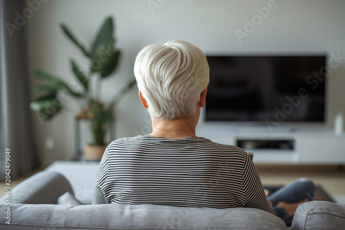 Back view of an elderly woman sitting on a sofa in a cozy living room, concept of aging, solitude, reflection, and home comfort. AI generated image