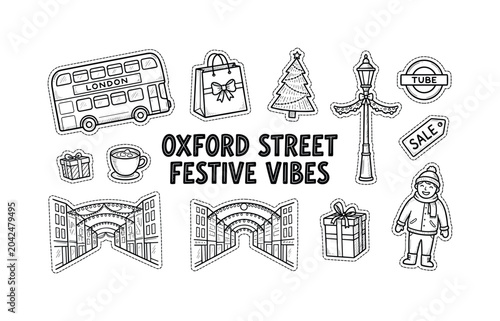 Oxford Street festive vibes, hand drawn doodle elements set, center hand-lettered title, black and white vector line art, bold clean