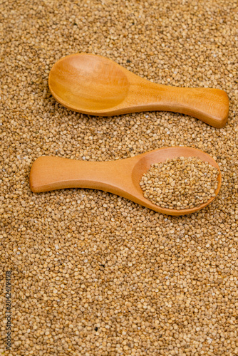 Chenopodium quinoa - Organic white quinoa seeds in bowl and spoon