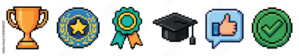 Fototapeta premium Pixel art set of achievement icons including a trophy, star badge, ribbon, graduation cap, thumbs up, and checkmark