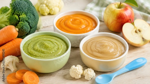 Three bowls of pureed baby food with fruits and vegetables