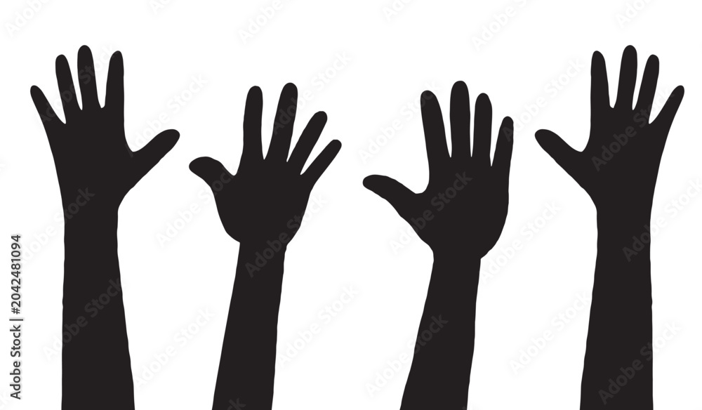 Fototapeta premium Raised Hands Silhouettes Vector, Group Participation and Asking