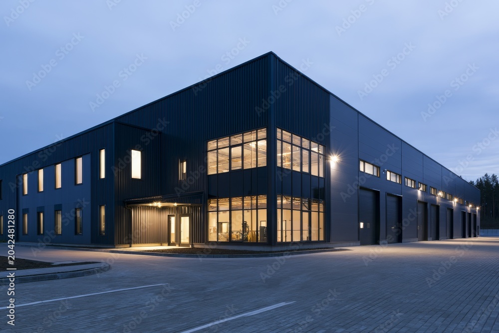 Obraz premium Modern industrial building with large windows at dusk in an urban area showcasing a structured design and outdoor spaces