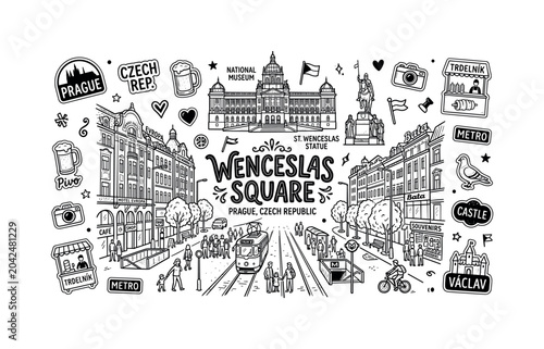 Wenceslas Square illustration, hand drawn doodle elements set, center hand-lettered title, black and white vector line art, bold