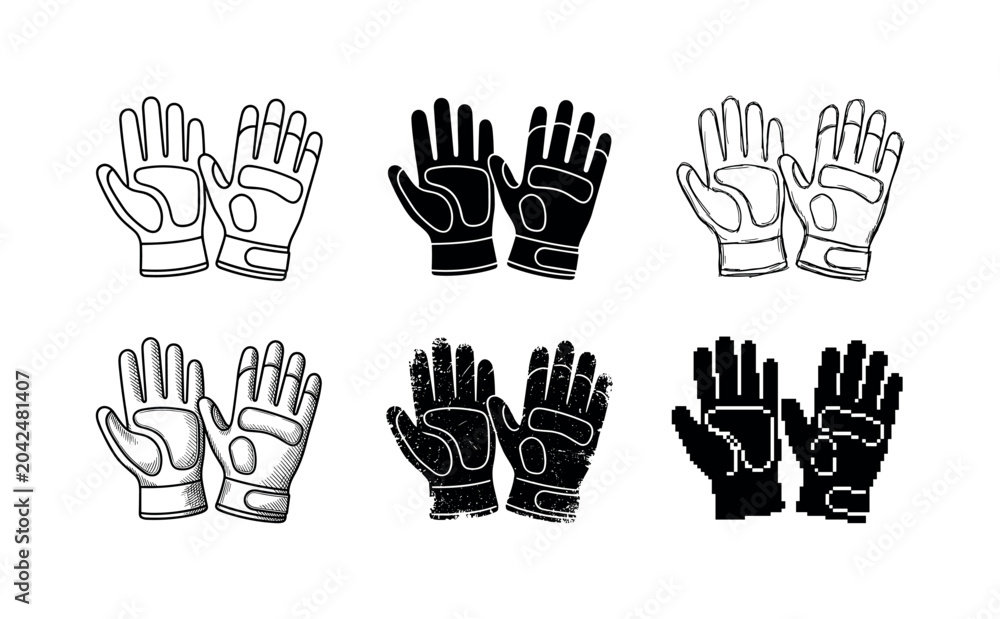 Fototapeta premium Collection of six different glove illustrations in various styles and textures