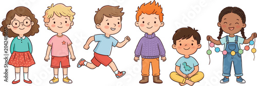 Foto Diverse Group of Cute Children Characters Standing Running and Sitting for Kinde