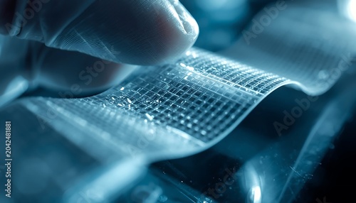 A gloved hand gently touching a flexible, transparent material with a grid-like pattern, indicating advanced technology or a scientific development.