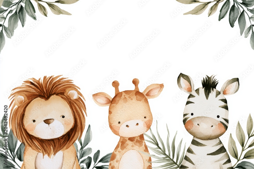 Fototapeta premium Cute animal characters gather together in a playful scene with leaves in a simple setting