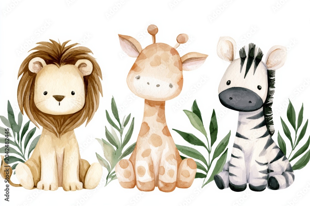 Naklejka premium Cute animals sitting together in a fun setting with greenery and soft colors
