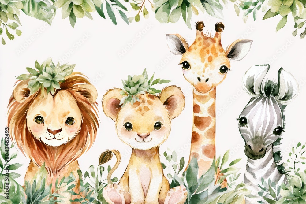 Naklejka premium Cute animals in a jungle setting with plants and leaves in the background showing a lion, lion cub, giraffe, and zebra