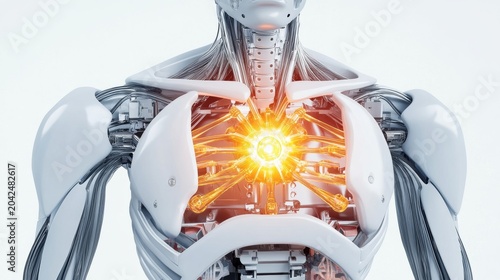 White robot torso, chest open to reveal a brilliant orange energy core, representing AI's vital power and the future of mechanical life. ,Android,Technology