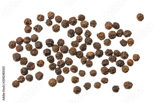 Black peppercorns or pepper isolated on a white background. Top view. Flat lay