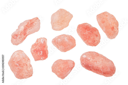 Pink Himalayan salt isolated on white background. Top view. Flat lay