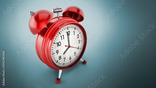 Tablou pe pânză Red alarm clock on blue background. 3D illustration