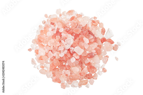 Pink Himalayan salt isolated on white background. Top view. Flat lay
