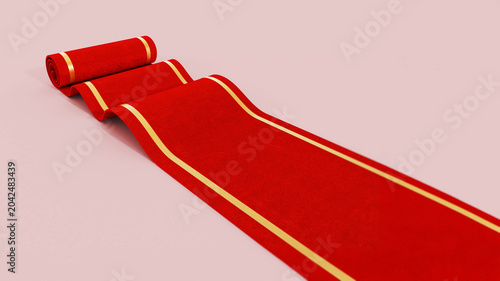 Rolled up red carpet isolated on pink background. 3D illustration