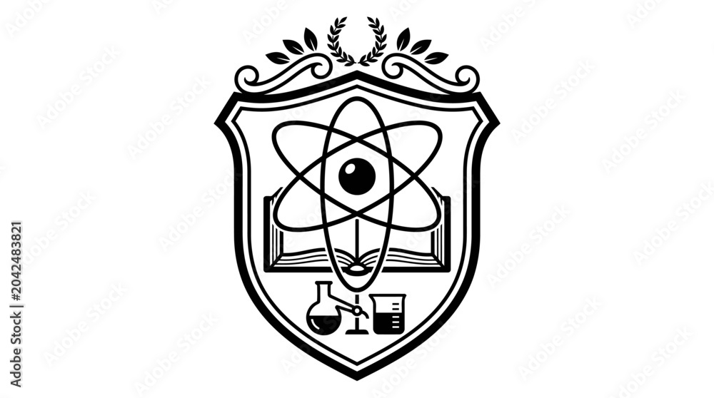 Obraz premium Black and white illustration of science crest.
