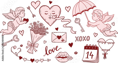 Valentine day themed hand drawn doodle set with cupids, hearts, flowers, keys, lips, and calendar isolated on a white background, for cards