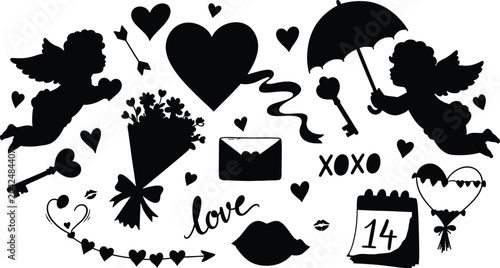 Valentine day themed black silhouette set with cupids, hearts, flowers, keys, lips, and calendar isolated on a white background, for cards