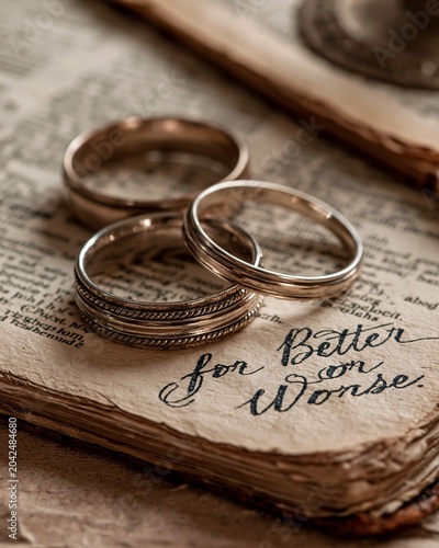 Elegant wedding bands resting on an aged Bible page with a handwritten for better or worse note set on rustic kraft paper under warm softbox lighting for a flat lay