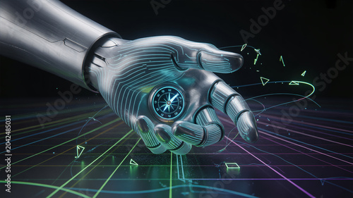 A robotic hand with a compass on its palm is surrounded by neon lines and geometric shapes on a dark background with futuristic technology and innovation concepts