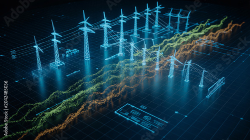 Digital illustration of wind turbines and power lines with glowing blue lines and graphs on a dark background with green and orange data points
