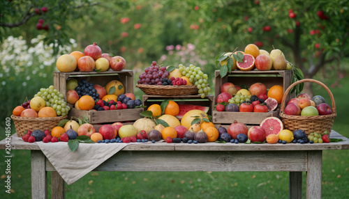 Abundance of fresh organic fruits on garden table