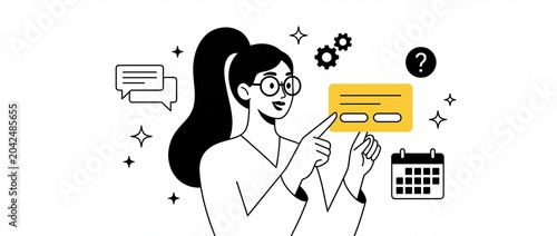 Business woman scheduling workflow tasks on online digital calendar dashboard interface, managing project planning, customer support, data organization, and multitasking concept line art illustration.