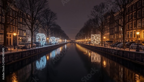 Illuminated Canal in Amsterdam at Night with Buildings and Lights