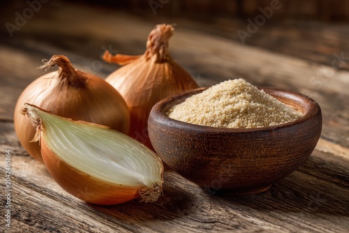 Macro shot of ripe onion and powder in a ceramic bowl in a simple kitchen setting with natural light
