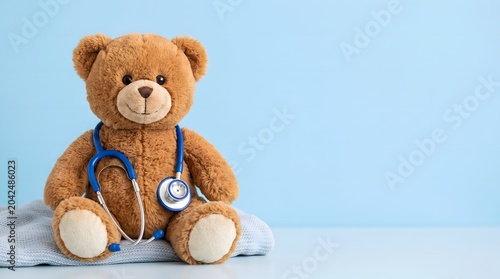 Brown teddy bear with blue stethoscope sitting on light blue background