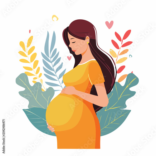 Pregnant Woman Holding Belly Surrounded by Leaves