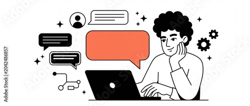 Fotografie Chat support online laptop illustration of a man communicating with chatbot and
