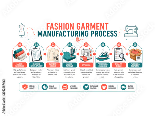 Visualizing the step-by-step fashion garment manufacturing process from fabric sourcing to final delivery.