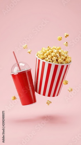 Floating popcorn bucket and red soda cup with straw on pink background.